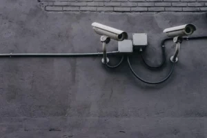 Security cameras mounted on a wall