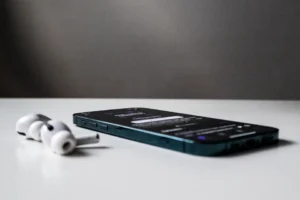 Smartphone lying on a table with a locked screen